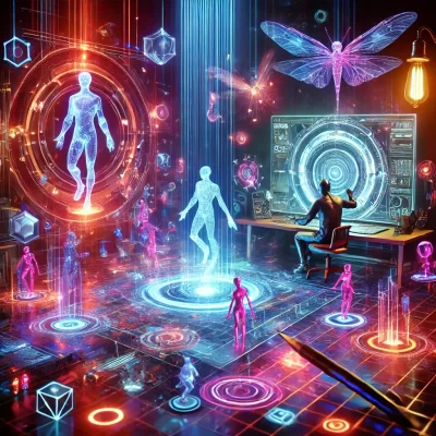 DALL·E 2024-12-23 12.49.30 - A vibrant and dynamic 3D render of a futuristic artist's workspace with holographic tools and a creative atmosphere. The scene features a glowing digi