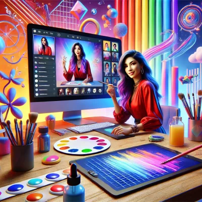 DALL·E 2024-12-23 12.51.50 - A dynamic 3D illustration of a modern online webinar setup featuring a vibrant female artist engaging with a live audience. The scene includes a well-