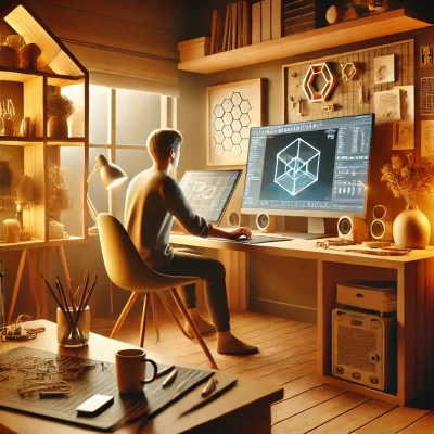 DALL·E 2024-12-23 12.56.18 - A 3D illustration depicting a cozy home workspace with a person working on a 3D modeling project on a computer. The scene includes a modern desk, a hi